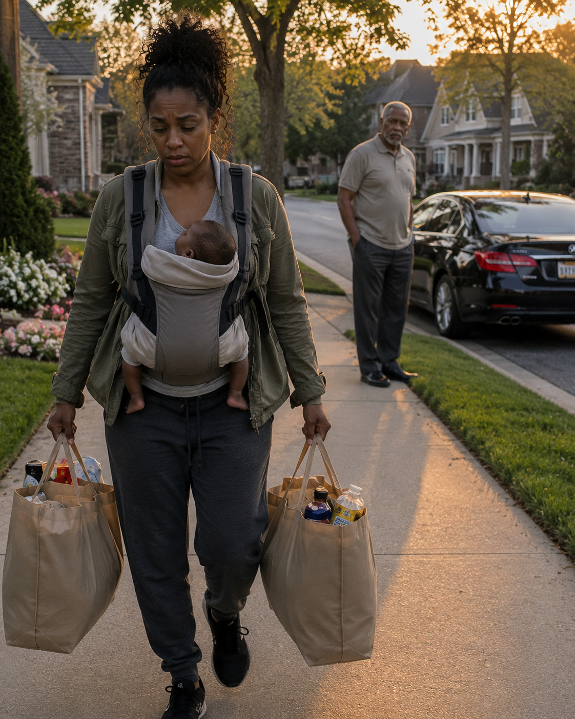 I THOUGHT I WAS HIDING MY PROBLEMS UNTIL MY FATHER SAW ME LIMPING HOME WITH A BABY, GROCERIES, AND TEARS I COULDN’T HOLD BACK ANY LONGER.  One question changed everything.  And after hearing the answer, he made a decision that my husband’s family never saw coming.