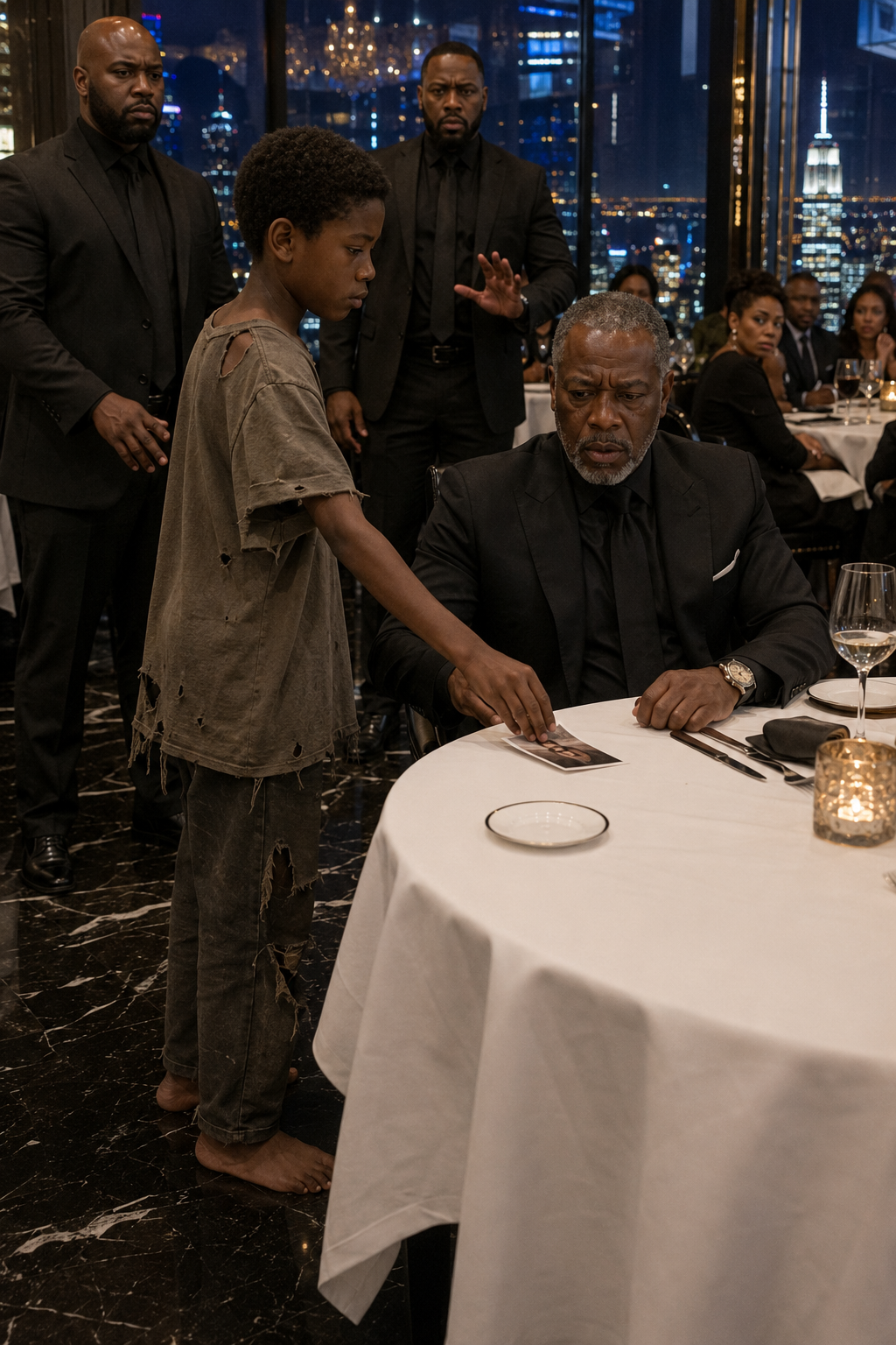 THE EVENING AT THE LUXURY RESTAURANT WAS SUPPOSED TO BE JUST ANOTHER NIGHT OF POWERFUL PEOPLE MAKING IMPORTANT DEALS — UNTIL A BAREFOOT BOY WALKED STRAIGHT TO ONE TABLE AND CHANGED THE ENTIRE ROOM.