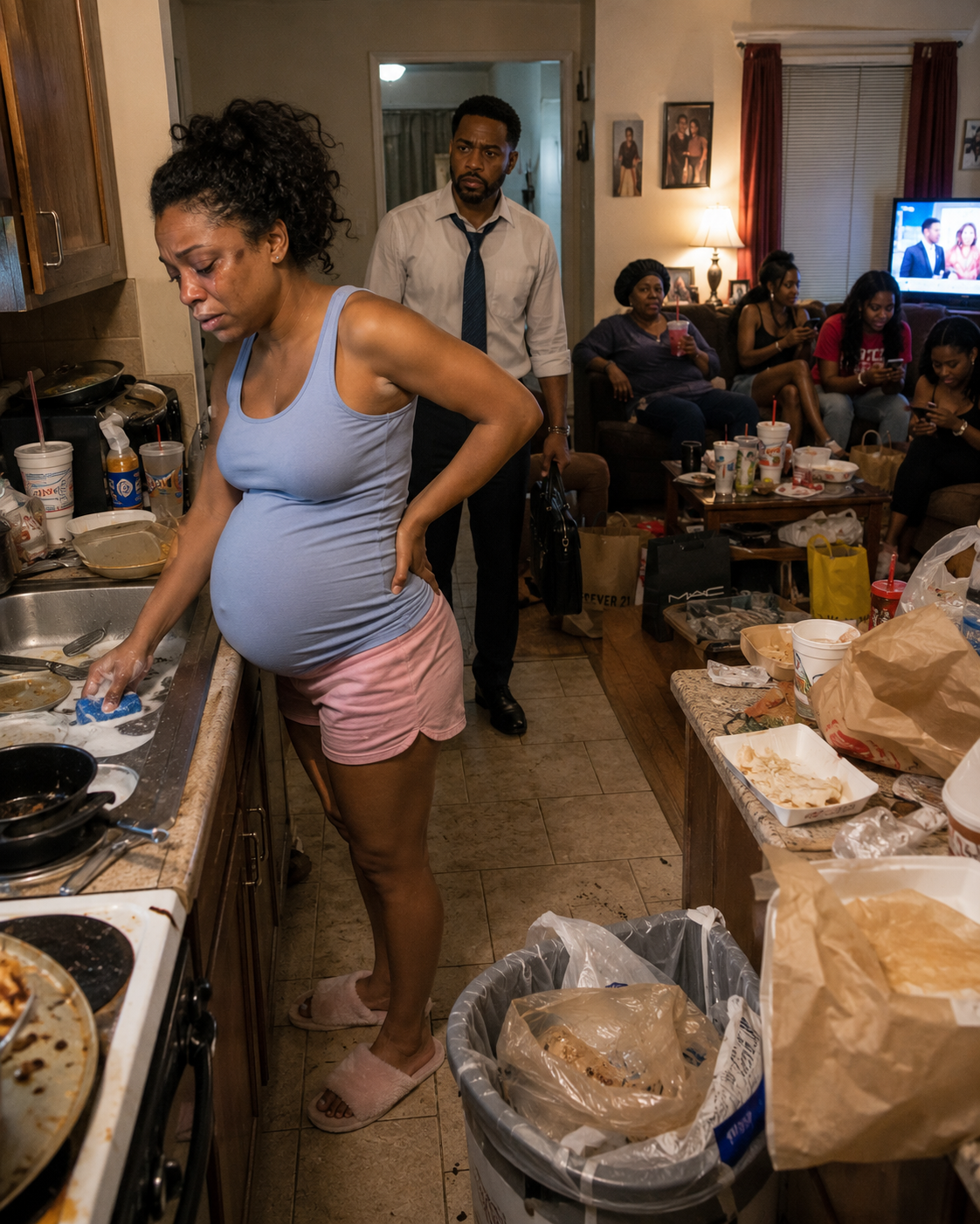 AFTER A FOURTEEN-HOUR SHIFT, I CAME HOME EXPECTING TO SEE MY PREGNANT WIFE RESTING — INSTEAD, I FOUND HER ALONE IN THE KITCHEN CLEANING UP AFTER THE SAME PEOPLE I HAD BEEN WORKING MYSELF EXHAUSTED TO SUPPORT.
