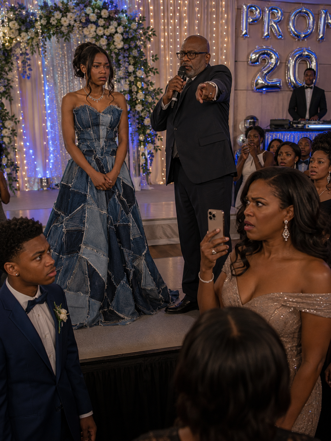 MY STEPMOM LAUGHED AT THE PROM DRESS WHICH MY LITTLE BROTHER MADE FROM OUR LATE MOM’S OLD JEANS.  But the moment I stepped onto that stage… the principal stopped the music, pointed directly at her, and suddenly the entire night changed.