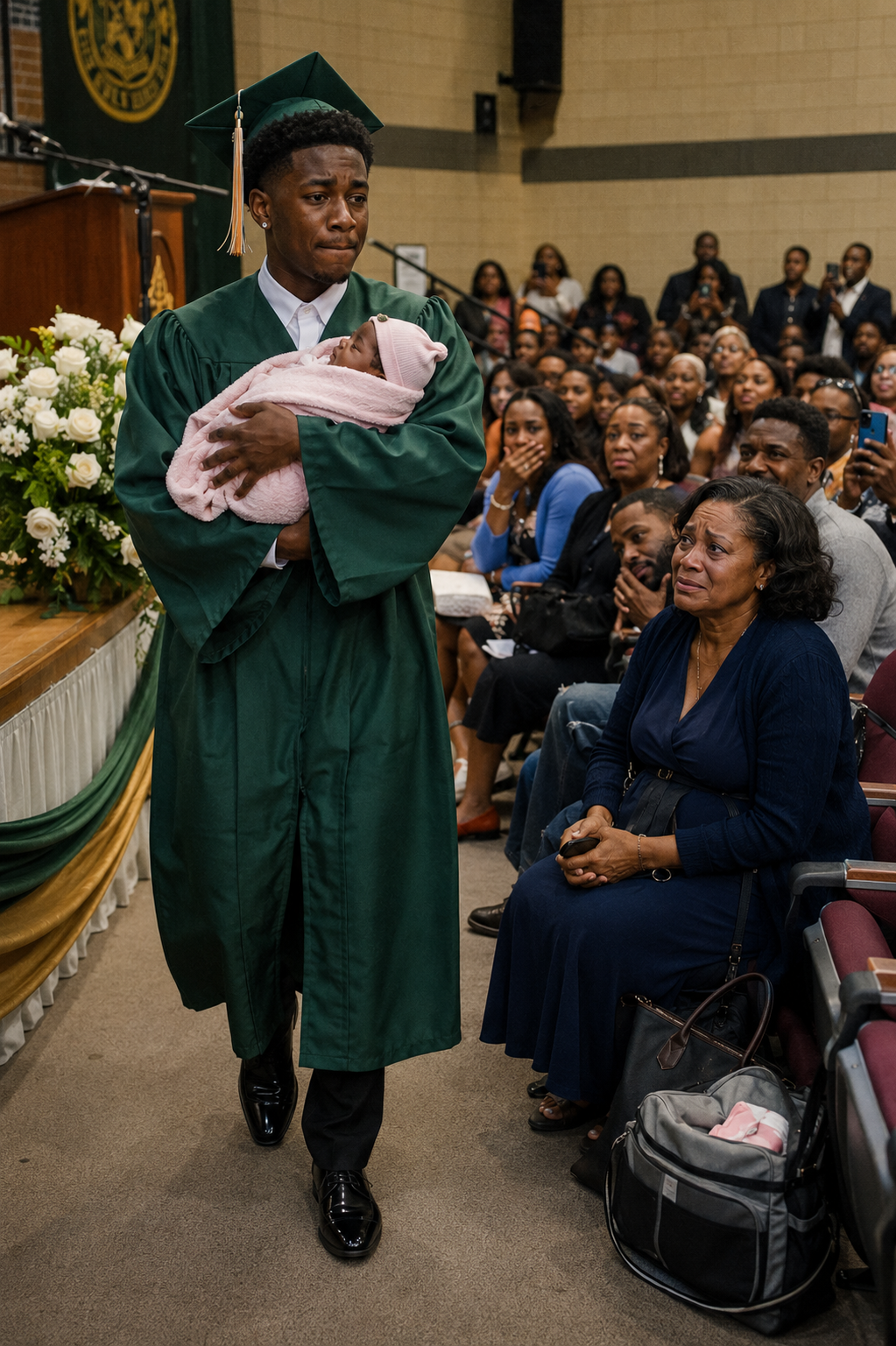 THEY STARTED WHISPERING THE MOMENT MY SON WALKED ONTO THE GRADUATION STAGE HOLDING A NEWBORN BABY IN HIS ARMS.  Someone behind me even mu'ttered, “History repeats itself.”  But then my son reached for the microphone… and what he said next left the entire auditorium too stu'nned to make another sound.