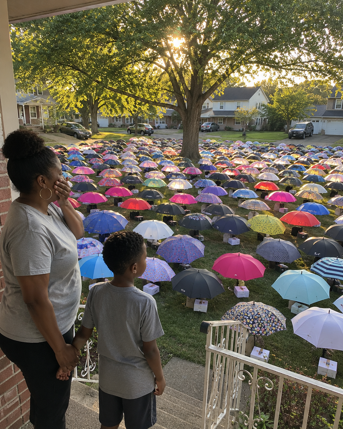 When my son came home without the umbrella his late father had given him, I thought I'd be upset. Then he told me who he gave it to.  Less than 24 hours later, our front yard was filled with 47 umbrellas and a mystery that had the entire neighborhood gathering outside.