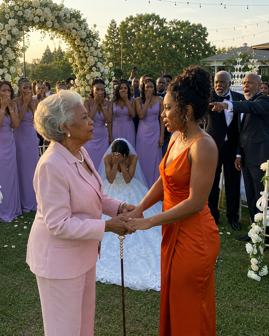 MY SISTER PUT EVERY BRIDESMAID IN MATCHING LAVENDER—EXCEPT ME. SHE HANDED ME A BRIGHT ORANGE DRESS AND SAID IT WAS “THE ONLY ONE LEFT.” Everyone told me to smile and go along with it.  Then the groom’s grandmother took my hand at the reception, whispered six words in my ear, and my sister's perfect wedding began falling apart.