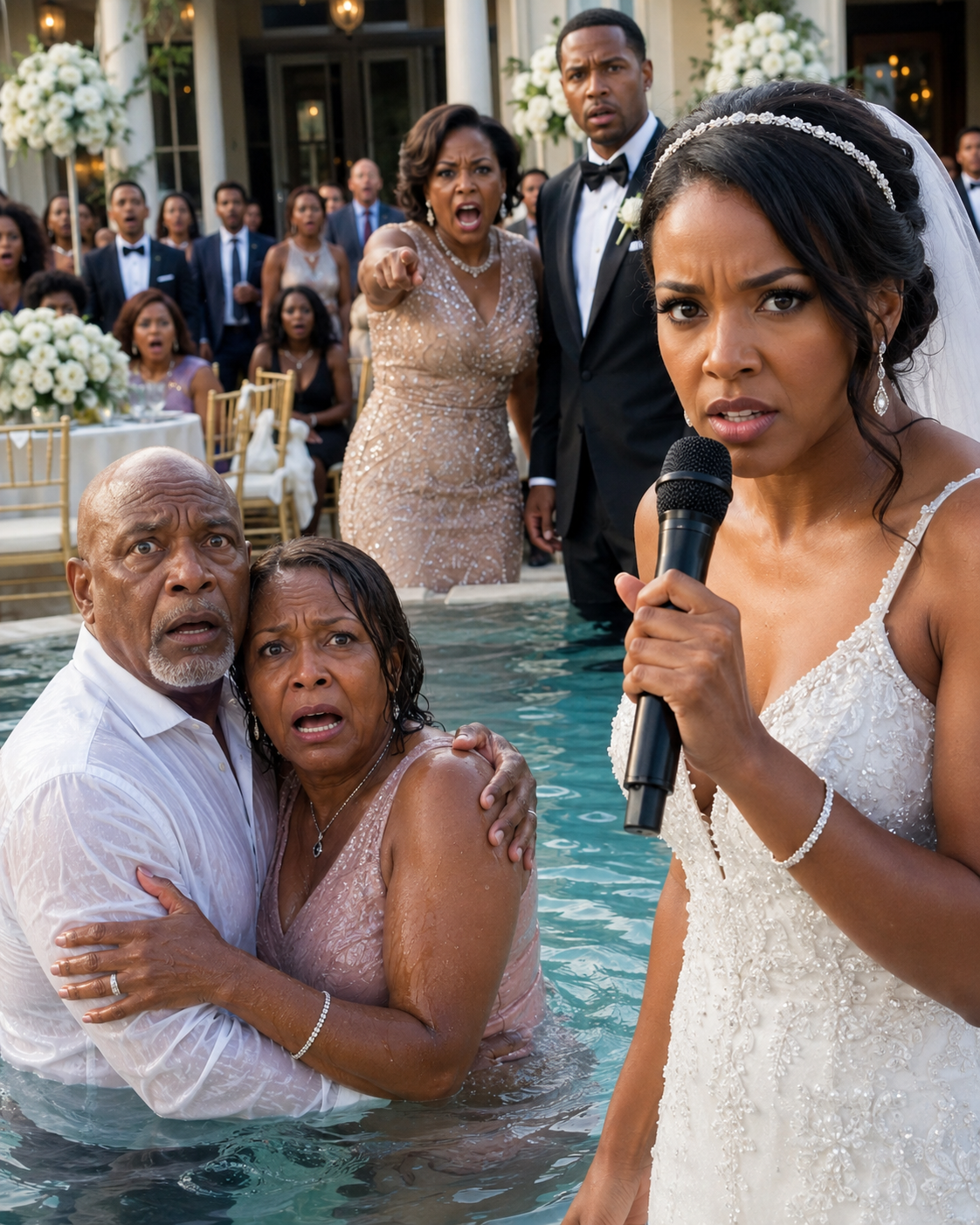 At my wedding, my mother-in-law looked my parents up and down with disgust and scoffed, “I’ve never seen such a miserable, poor family.” Then she pushed them into the pool, laughing, “Time to rinse off that smell of poverty.” My fiancé never lifted a finger. I walked to the microphone and said, “The wedding is canceled—and by tomorrow morning, your family empire will collapse.” Then I placed one phone call.