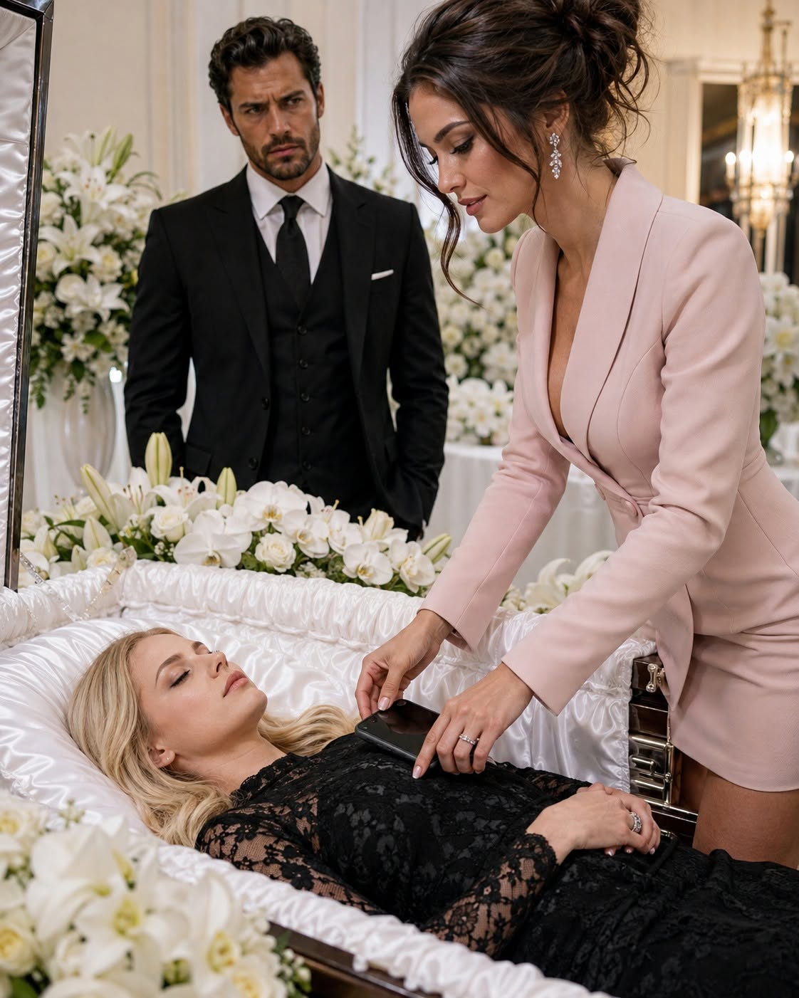 My Husband Pretended to Grieve Beside My Closed Coffin—Until He Handed My Phone to His Mistress and Whispered, “You Know Where to Hide It.” That Night, I Checked My Accounts and Discovered Their Secret Was Far More Dangerous Than I Ever Imagined…