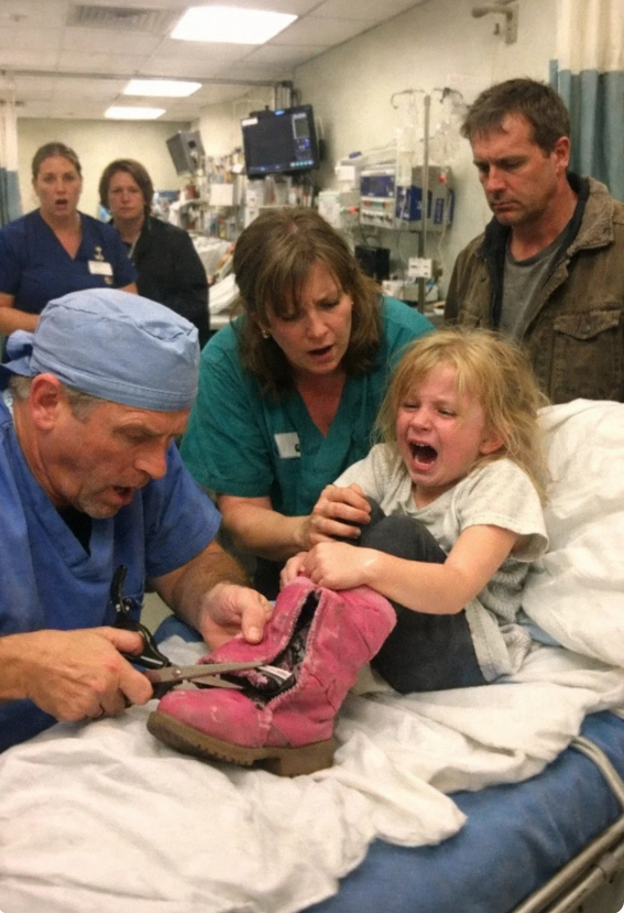 2A 7-Year-Old Girl Screamed When Nurses Tried to Remove Her Boots in the ER — “Don’t Take Them Off, He Said the Bad Will Come Out,” She Begged, But When the Surgeon Cut Them Open, the Entire Room Froze in Horror