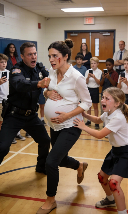 I walked through the school gate in a plain shirt and flats, one hand resting on my pregnant belly. “I’m just here to pick up my daughter,” I said with a small smile. Then I heard her sobbing: “Mom… they made me kneel.” I barely took a step before a security guard blocked me, barking, “Who are you to interfere?” SMACK! The hit rattled my vision. I clutched my stomach, shaking—“Stop… I’m pregnant!” They still dragged me across the courtyard. And right then… my little girl cried out my real name—the one that will make this entire school regret what they did.