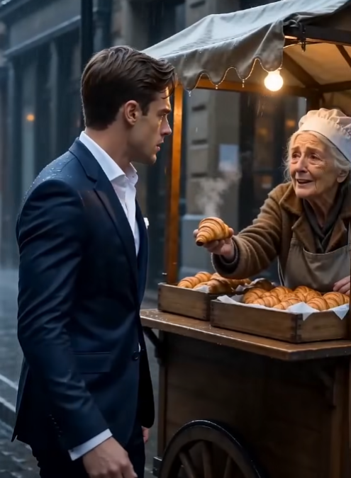 A BILLIONAIRE IGNORED AN OLD BAKER IN THE RAIN—THEN ONE BITE OF HER PASTRY BROUGHT BACK THE MEMORY OF THE MOTHER HE LOST
