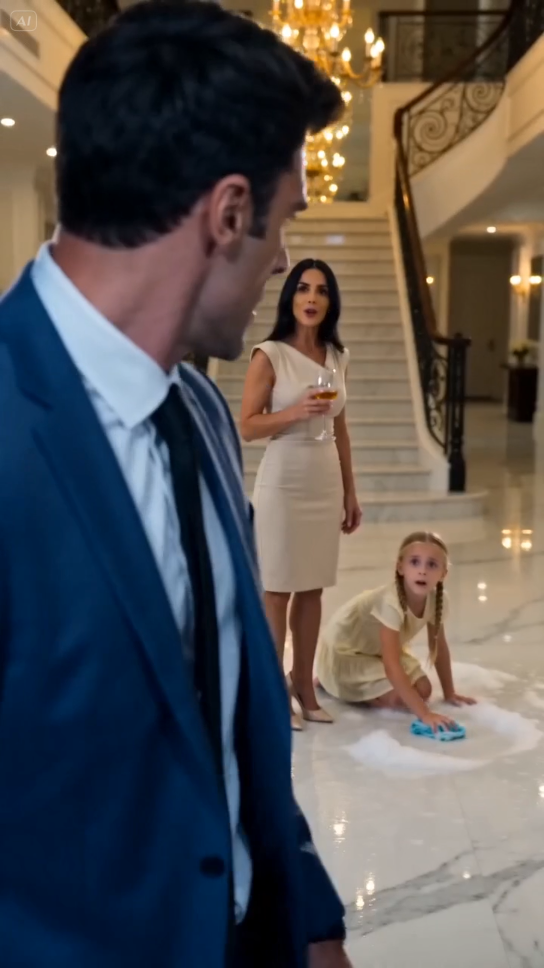 He Came Home Early and Found His Daughter Scrubbing the Marble Floor on Her Knees — One Sentence Exposed His Wife’s Secret