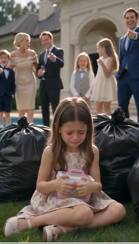 Seven-year-old Mia sat beside two bulging trash bags, clutching the small dinosaur puzzle she had brought for her cousin while wealthy children pointed and laughed.