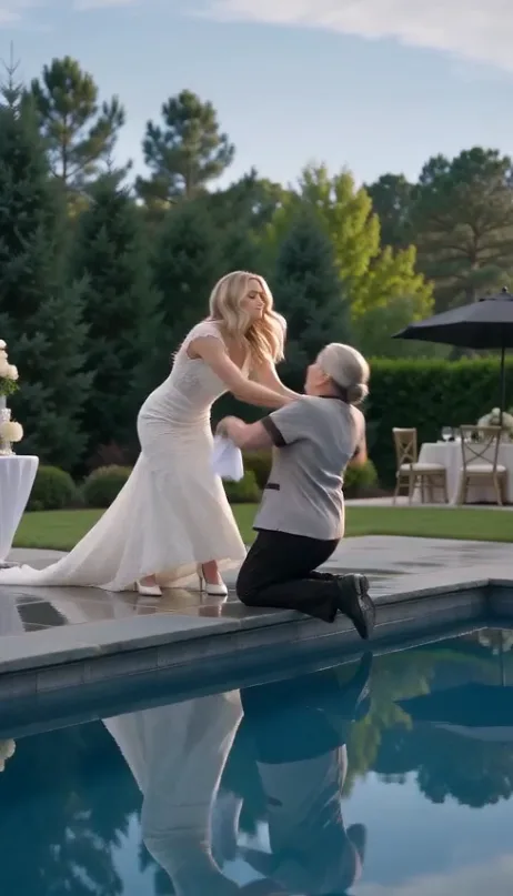 A bride pushes a kneeling maid straight into the pool, only to find out it's actually her fiancé's mother.