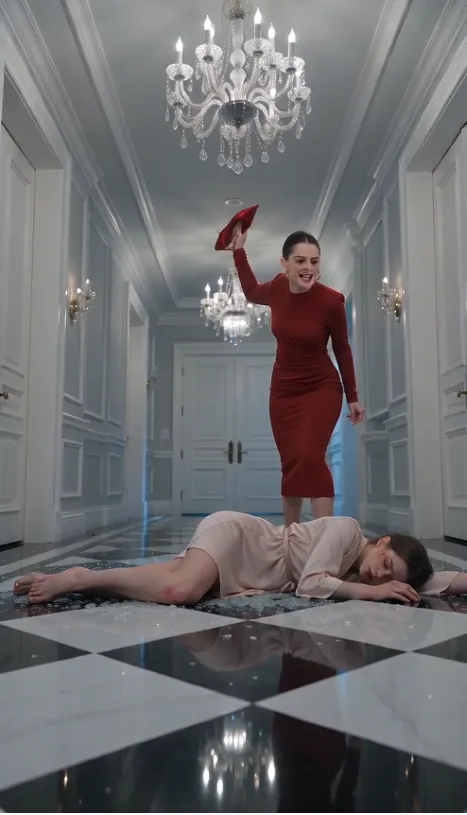 She raises her shoe to strike the fallen woman, but her husband rushes in and delivers a devastating slap.
