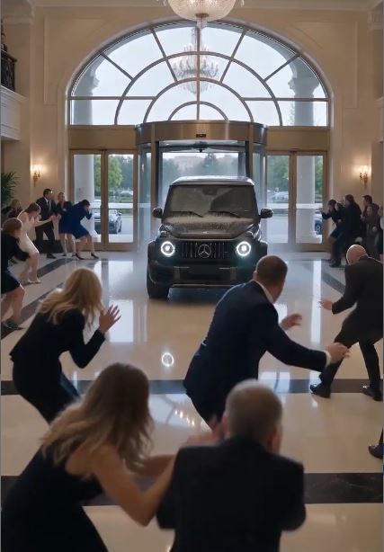 An arrogant hotel manager tried to throw a disabled girl out of the lobby, completely unaware a black G-Wagon was about to crash through the glass doors.