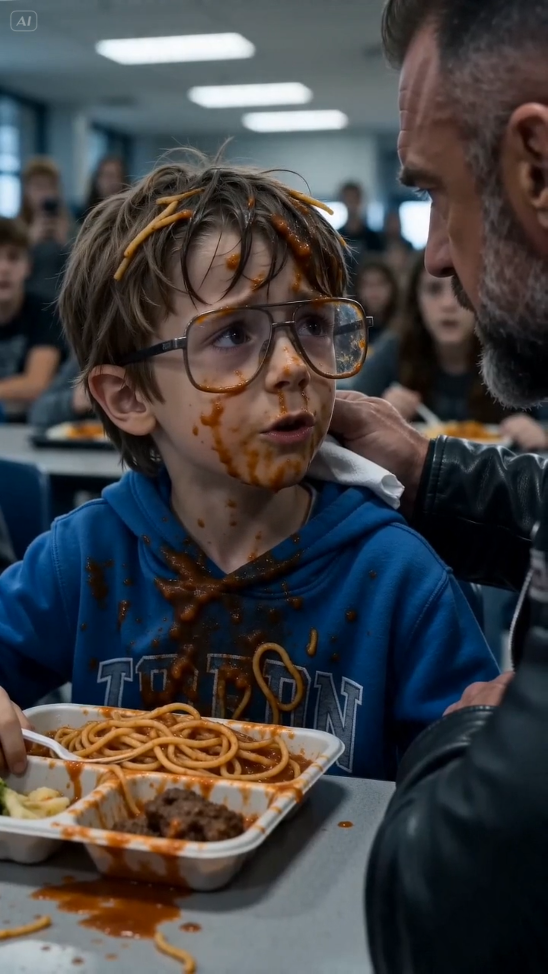 The Bullies Laughed While Noodles Covered the Boy’s Face — Then Six Bikers Walked Into the Cafeteria