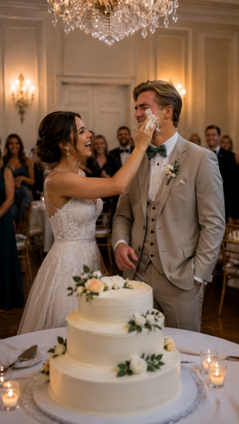 During the cutting of the wedding cake, the bride, for fun, smeared some cream on the groom's cheek, but he suddenly became enraged and hit her.