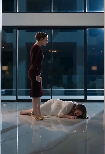 She was eight months pregnant. Barefoot. Crying. Lying helpless on the cold marble floor of a million-dollar mansion. But the woman in the red dress didn't stop.