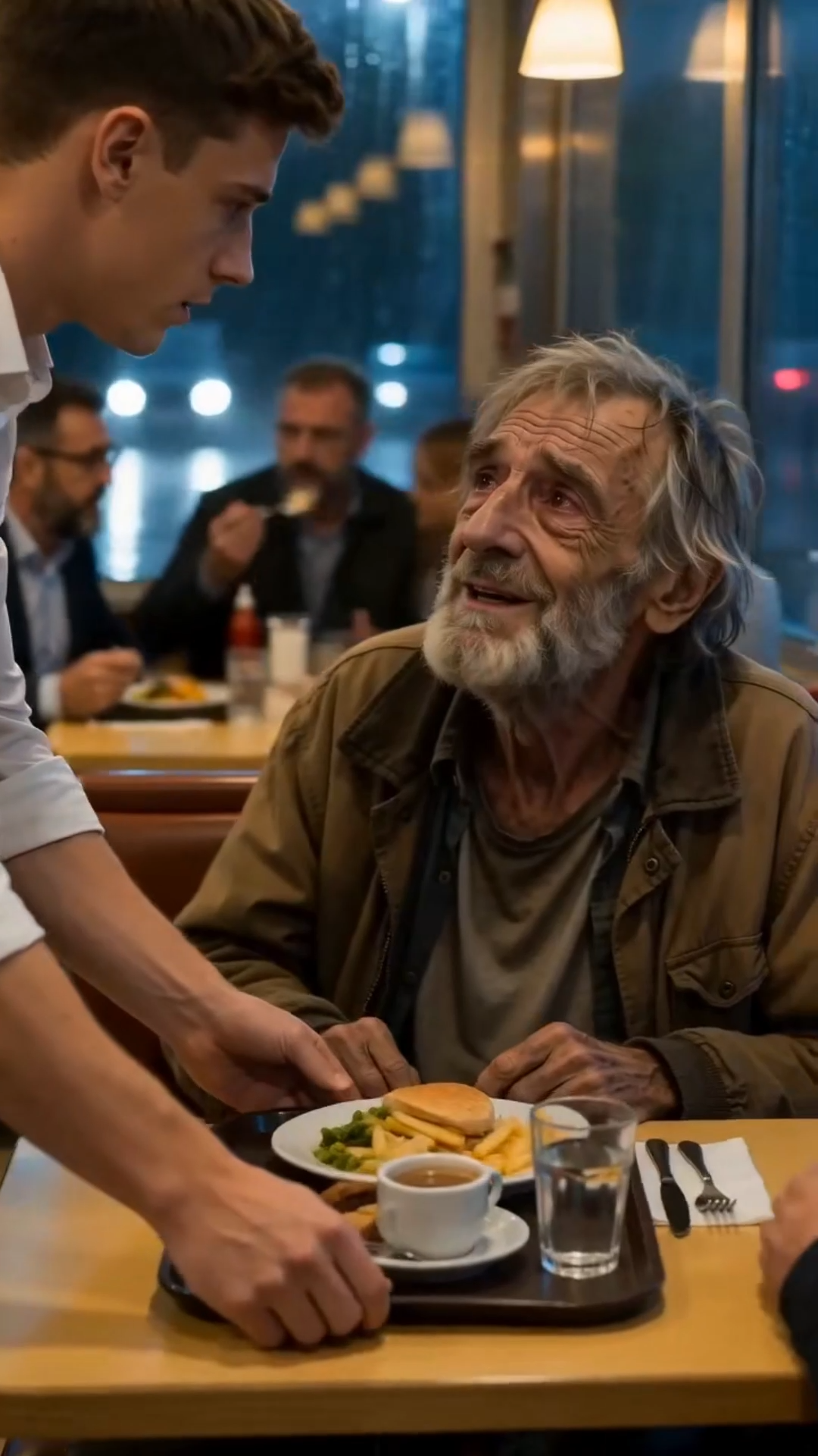 Un serveur donne son propre dîner à un vieil homme affamé… quelques minutes plus tard, des SUV noirs encerclent le restaurant