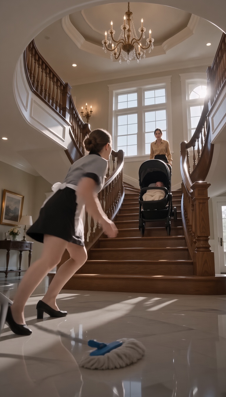 SHE PUSHED THE BABY’S STROLLER DOWN THE STAIRS—THEN BLAMED THE MAID WHO SAVED THE CHILD