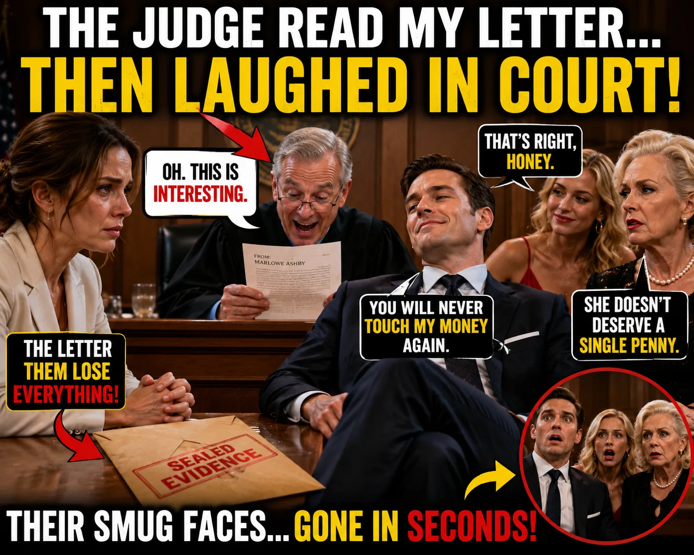 MY HUSBAND SAT BACK WITH HIS LEGS CROSSED AND SAID SMUGLY, "YOU WILL NEVER TOUCH MY MO.NEY AGAIN." HIS MISTRESS ADDED, "THAT'S RIGHT, HONEY." HIS MOTHER GRINNED, "SHE DOESN'T DESERVE A SINGLE PE.NNY." THEN THE JUDGE OPENED MY LETTER, READ THE FIRST LINES, AND BURST OUT LAUGHING. "OH. THIS IS INTERESTING." THEIR CONFIDENCE EVAPORATED INSTANTLY.