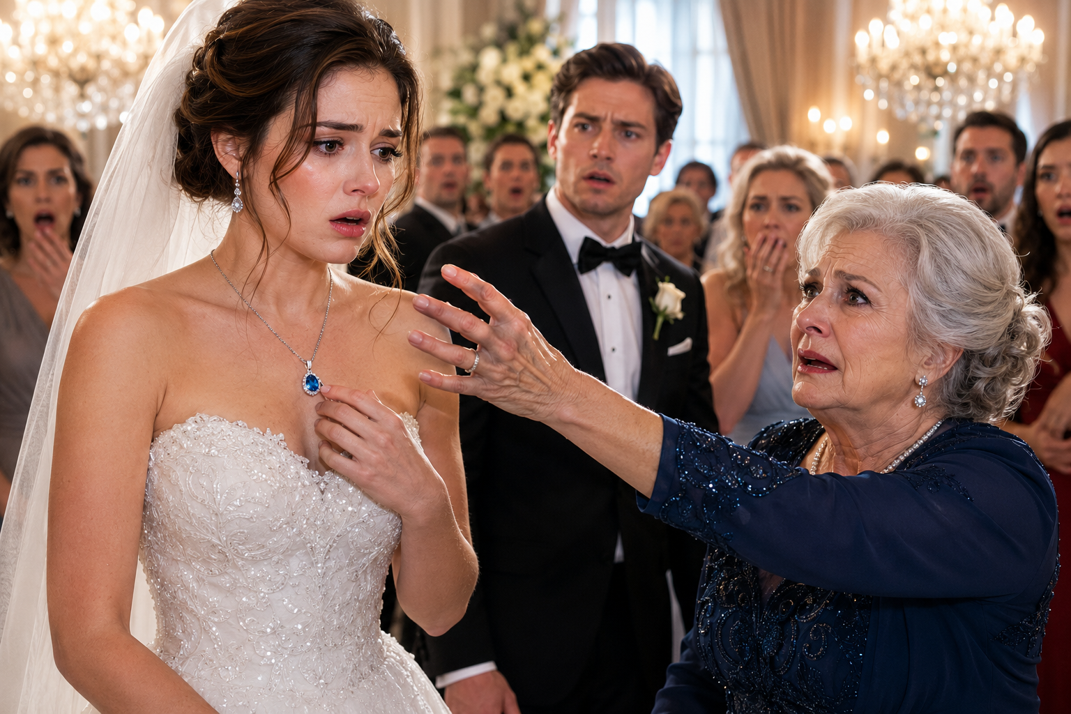 AN ELDERLY WOMAN STOPPED HER WEDDING—THEN THE BRIDE’S BLUE PENDANT EXPOSED A 28-YEAR SECRET