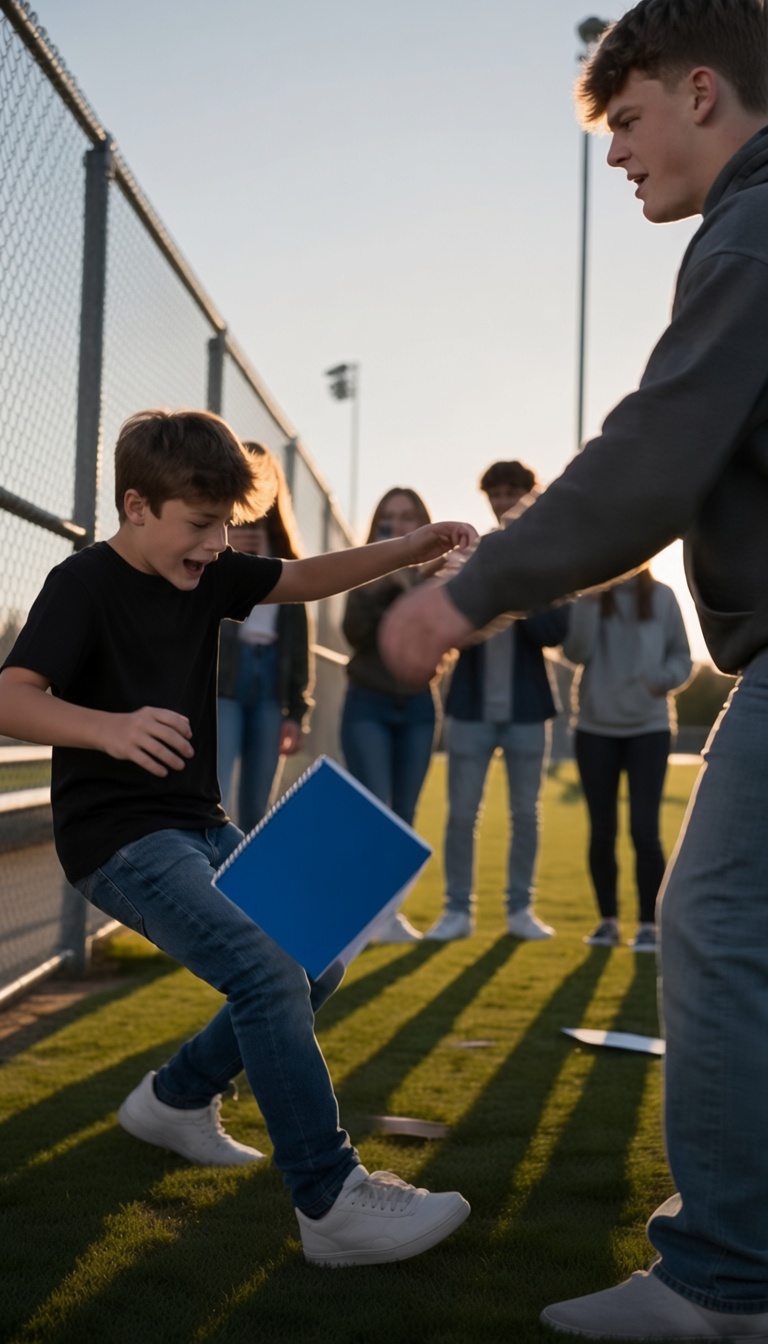 The star athlete shoved me into the fence and kicked my things while everyone laughed, but he didn’t realize the gym teacher was watching from the sidelines.