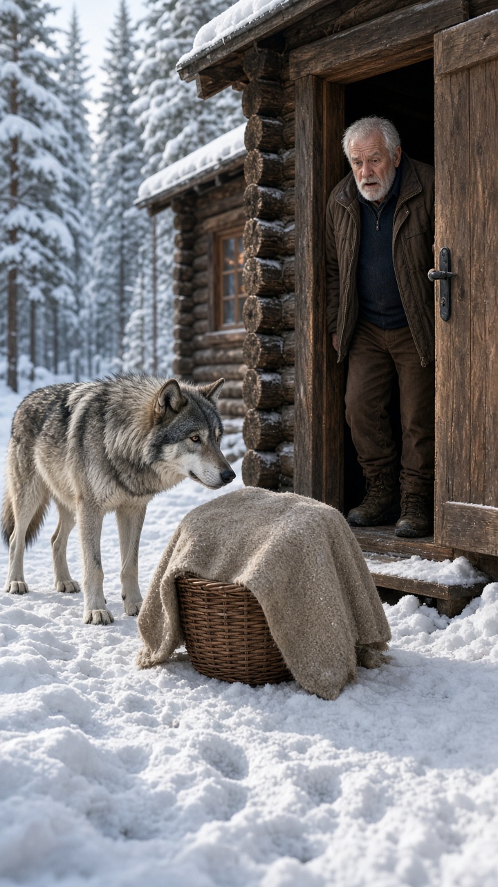 EL LOBO LLEVÓ UN CESTO HASTA LA CABAÑA DEL ANCIANO… Y CUANDO OYÓ LLORAR A UN BEBÉ, SUPO QUE SU HIJA DESAPARECIDA SEGUÍA CERCA