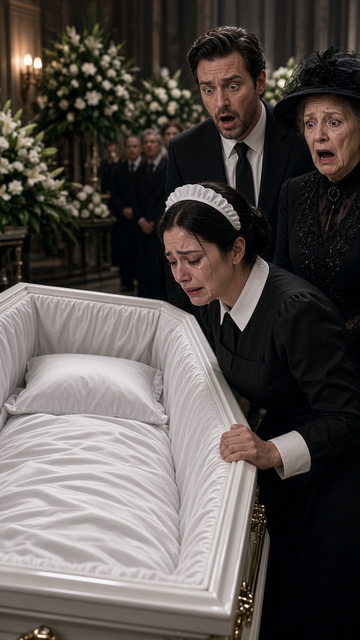 LA CRIADA ROMPIÓ EL ATAÚD EN PLENO FUNERAL… Y CUANDO LO ABRIERON, LA MADRE DEL MILLONARIO HABÍA DESAPARECIDO