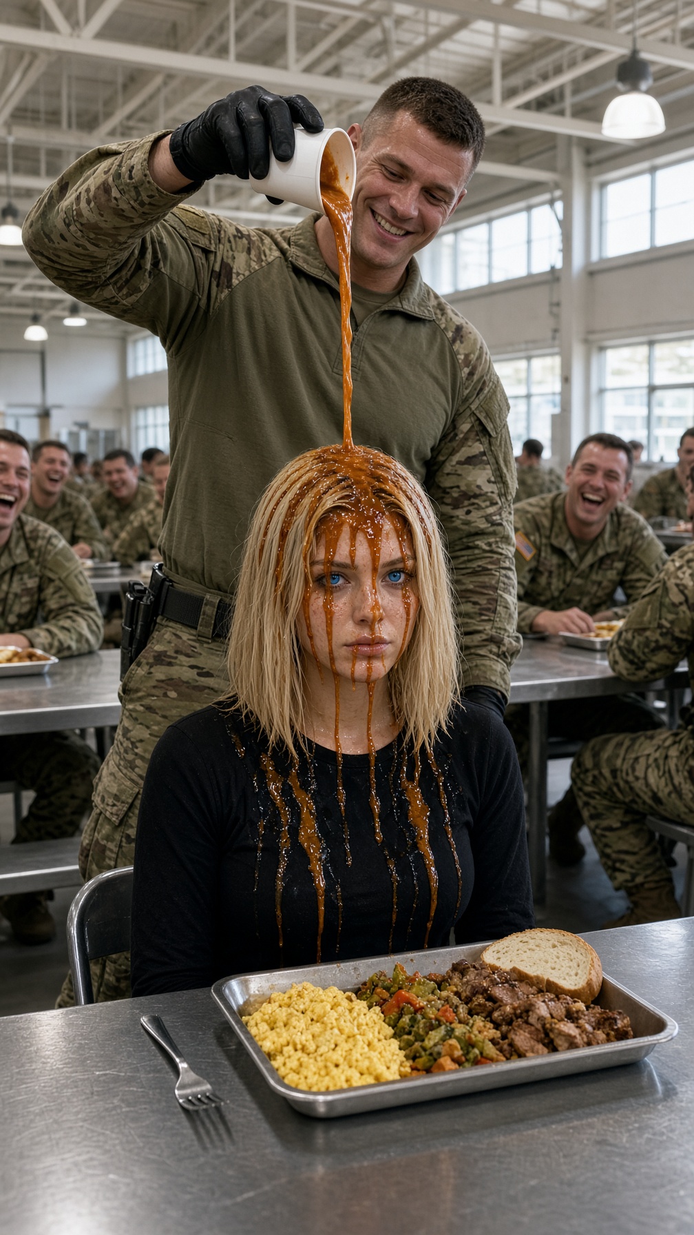UN SARGENTO HUMILLÓ A UNA MUJER RUBIA Y LE DERRAMÓ SALSA SOBRE LA CABEZA DELANTE DE TODOS… PERO CUANDO ELLA REVELÓ SU RANGO, SU SONRISA DESAPARECIÓ PARA SIEMPRE
