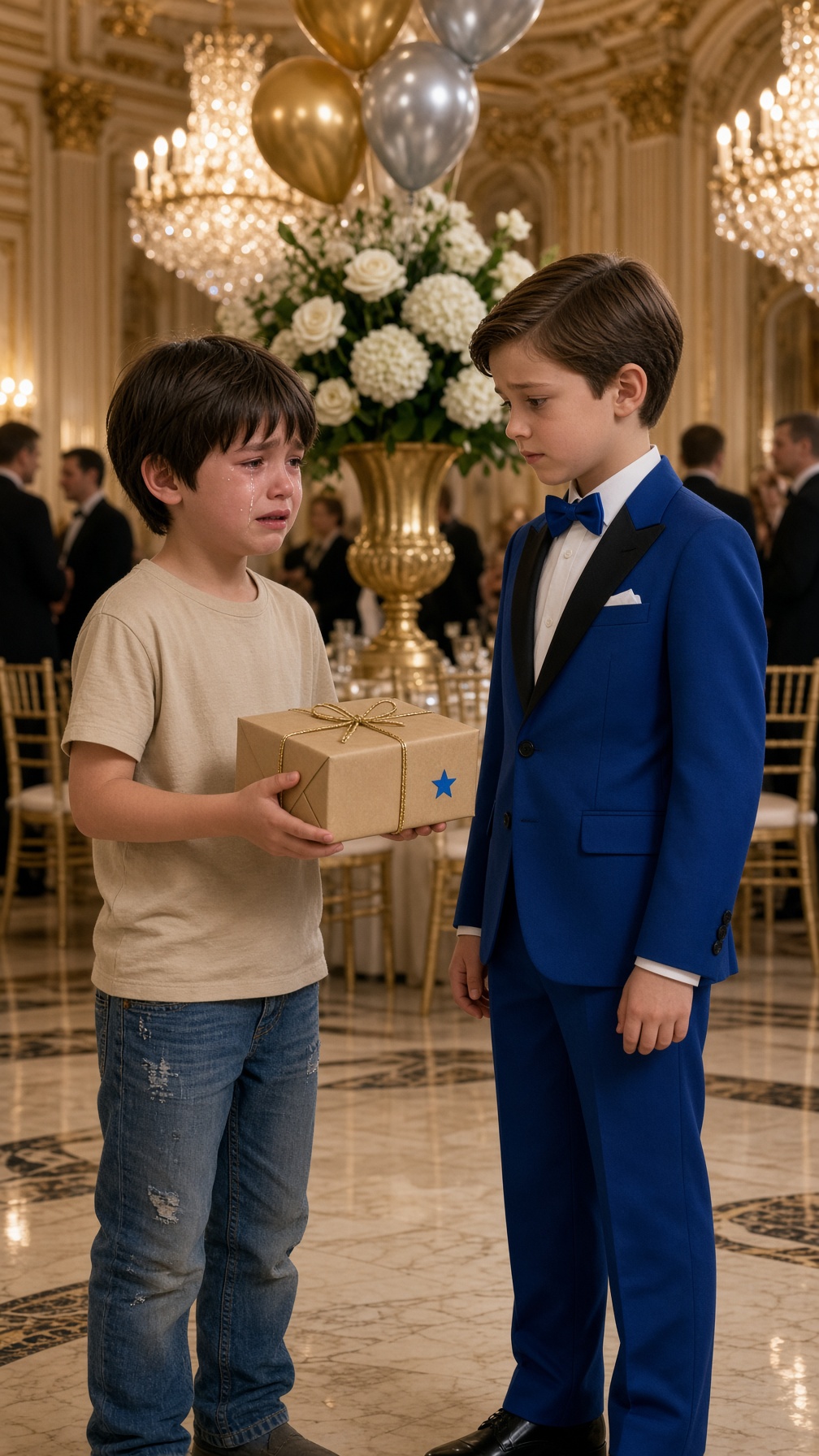 EL NIÑO POBRE LLEGÓ LLORANDO AL CUMPLEAÑOS DEL HIJO DEL MILLONARIO CON UN REGALO HECHO A MANO… PERO CUANDO LOS PADRES VIERON LA ESTRELLA AZUL, DESCUBRIERON EL SECRETO QUE LES HABÍAN OCULTADO DURANTE NUEVE AÑOS
