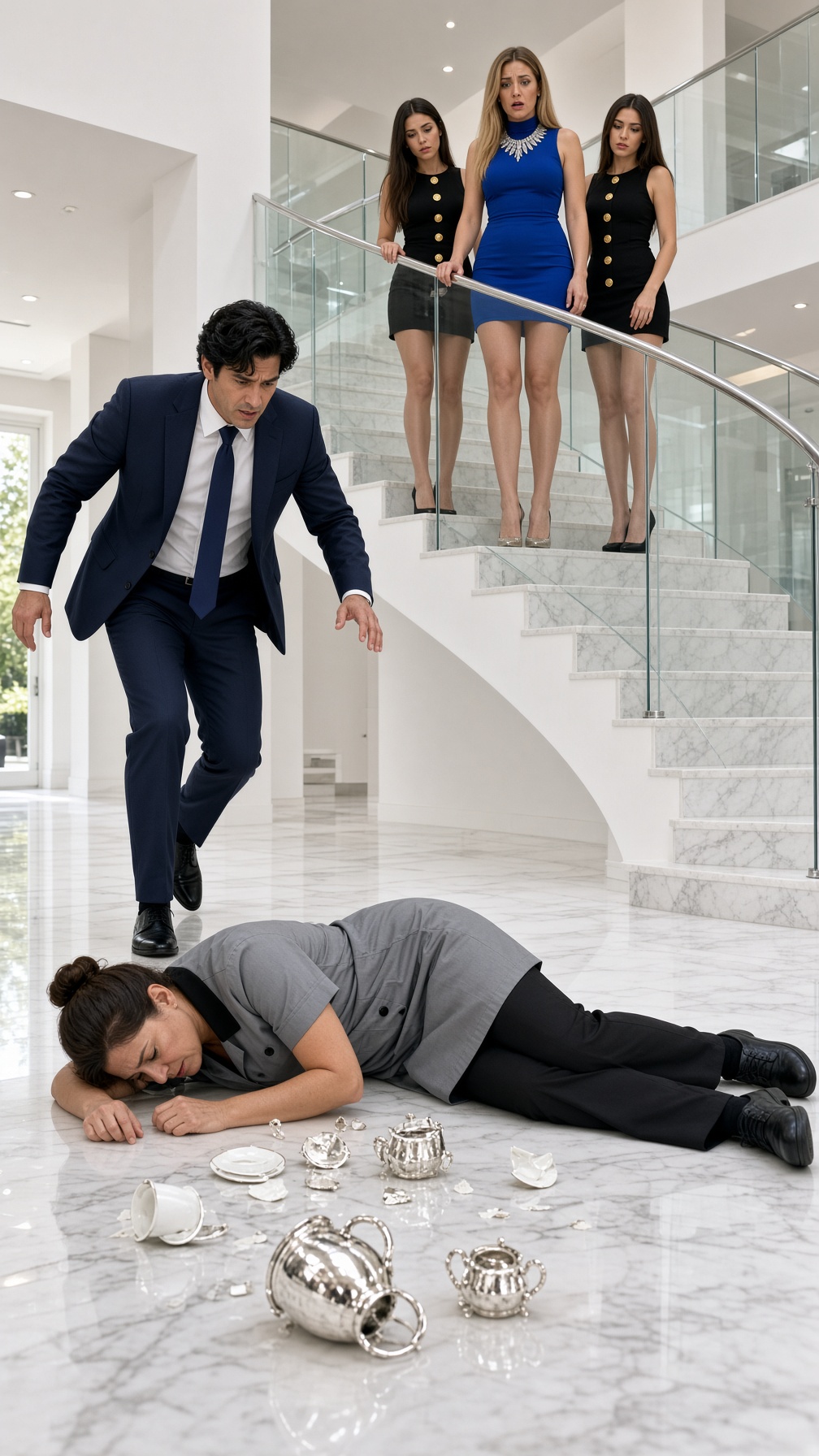LA ESPOSA DEL MILLONARIO EMPUJÓ A LA EMPLEADA POR LAS ESCALERAS DE MÁRMOL… PERO CUANDO SU MARIDO MIRÓ LA CÁMARA DE SEGURIDAD, DESCUBRIÓ UN SECRETO QUE DESTRUYÓ SU MATRIMONIO