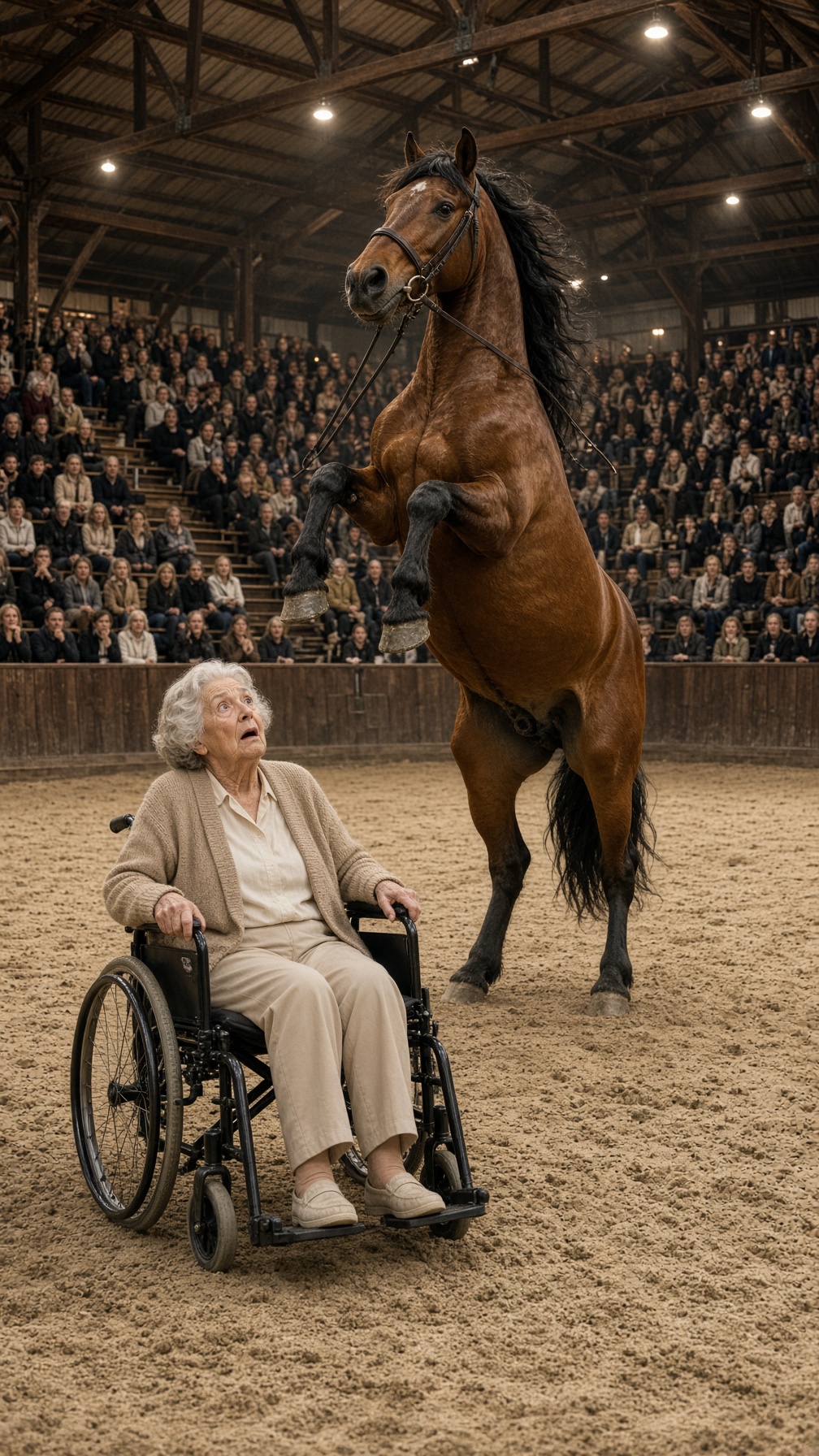 EL CABALLO SE ALZÓ SOBRE LA ANCIANA EN SILLA DE RUEDAS… PERO CUANDO ELLA SUSURRÓ «¿ERES TÚ?», EL DUEÑO DE LA ARENA PALIDECIÓ