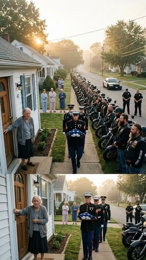 Sixty silent bikers lined up outside her house at dawn—no words, no movement… just a presence that felt like a warning. Minutes later, a single folded flag revealed the truth her husband had hidden for years—and why they had all come. She thought she knew the man she married… until the morning his quiet life spoke louder than anything he ever said.