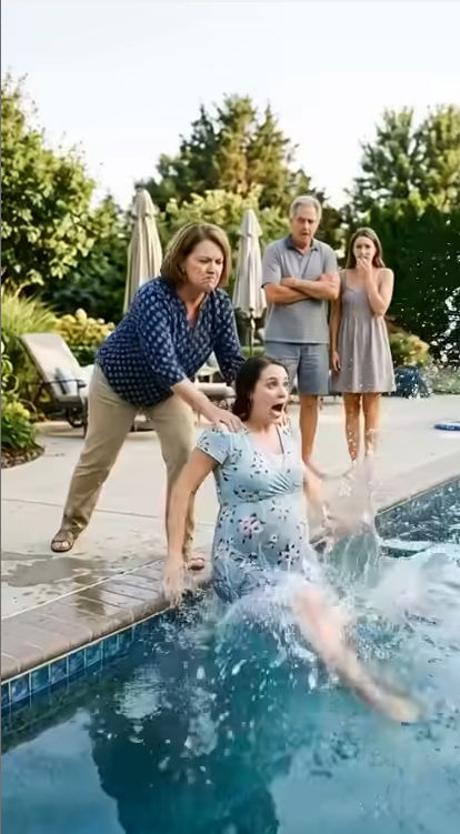 In front of the entire family, my mother-in-law pushed me into the swimming pool to expose what she called my fake pregnancy. While everyone shouted in horror, she laughed, “She’s not pregnant!” I couldn’t swim and lost consciousness. But the real shock came in the hospital—when I found out the truth about my husband.