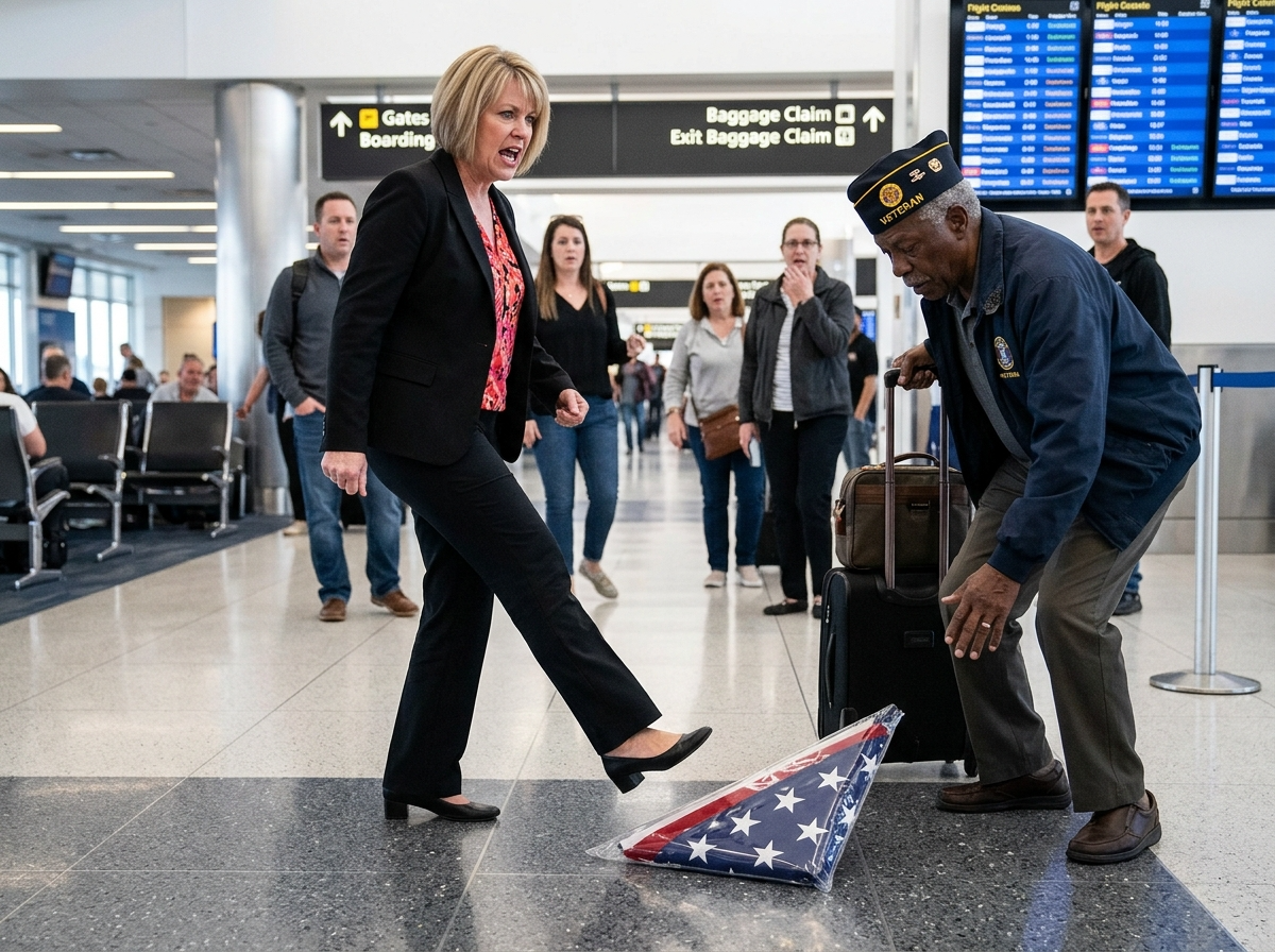 “Clean Your Dead Man’s Mess!”—she hissed, kicking a Vet’s folded flag. 7 mins later, a VIP stranger delivered brutal, instant karma…