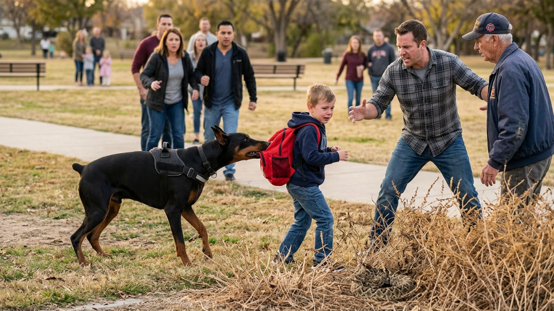 A Massive Doberman Grabbed A Terrified Boy’s Backpack At A Crowded Park, Causing An Angry Father To Demand The Dog Be Destroyed… But When The K9 Refused To Let Go, The Whole Playground Realized What Was Hiding In The Bushes.