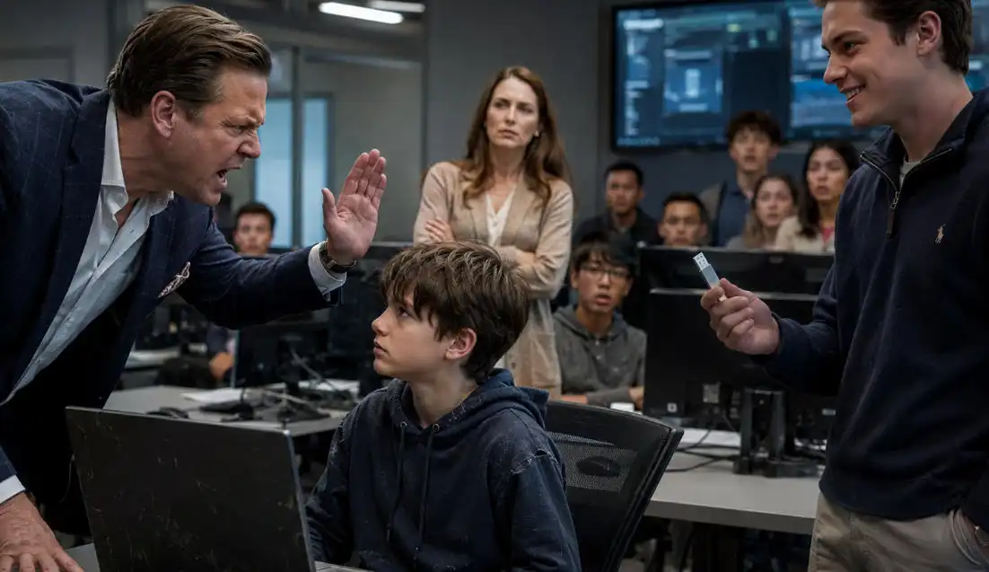 A Quiet 13-Year-Old Coding Kid Was SLAPPED in Front of the Whole Lab by a Rich Dad… But They Had NO IDEA Who His Mother Really Was 😳