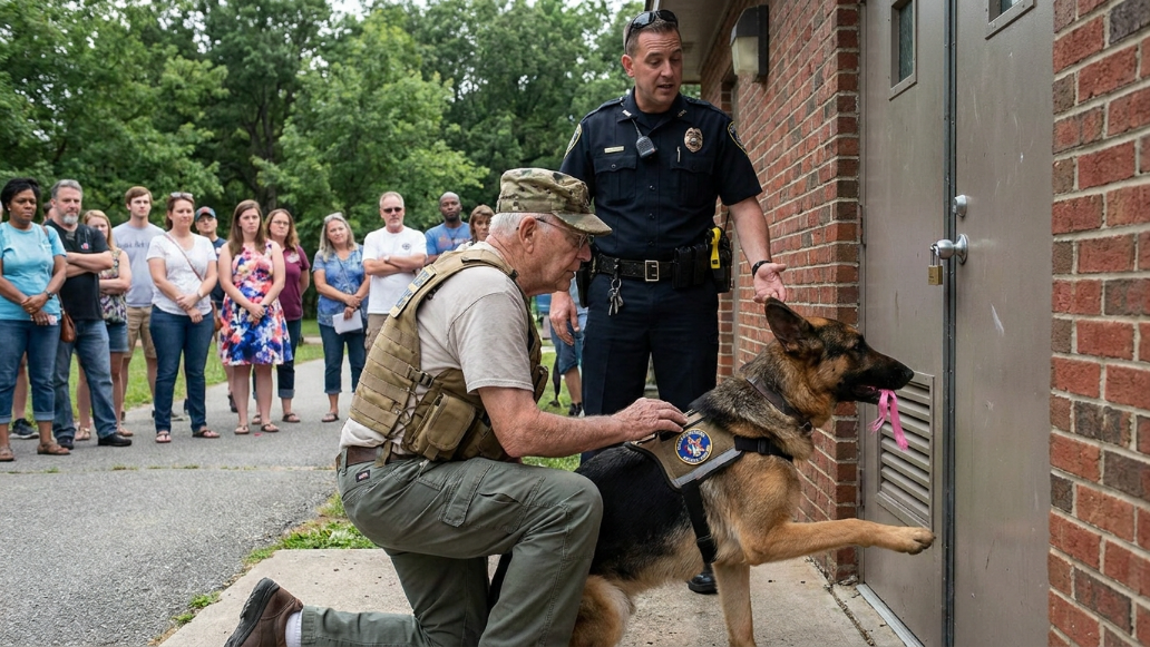 An Arrogant Cop Mocked An Old Veteran When His Retired K9 Frantically Scratched At A Locked Park Restroom… But When The Dog Pulled A Tiny Pink Ribbon From Under The Door, The Whole Crowd Went Dead Silent.