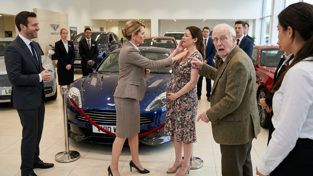 “Don’t touch that, trash!” MIL slapped me in the luxury car showroom. Hubby laughed—until the CEO saw my hidden necklace…