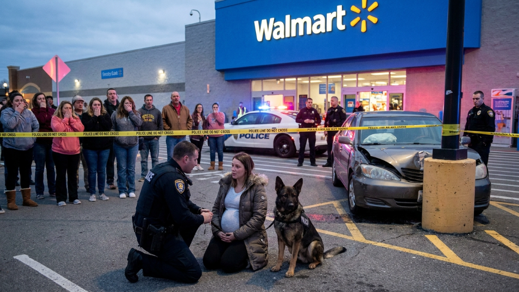 A Police K9 Suddenly Tackled A Pregnant Woman Outside Walmart While Shocked Shoppers Screamed At The Handler… But When The Speeding Car Crashed Exactly Where She Had Been Standing, The Officer Saw What The Dog Was Guarding And Ordered The Parking Lot Locked Down.