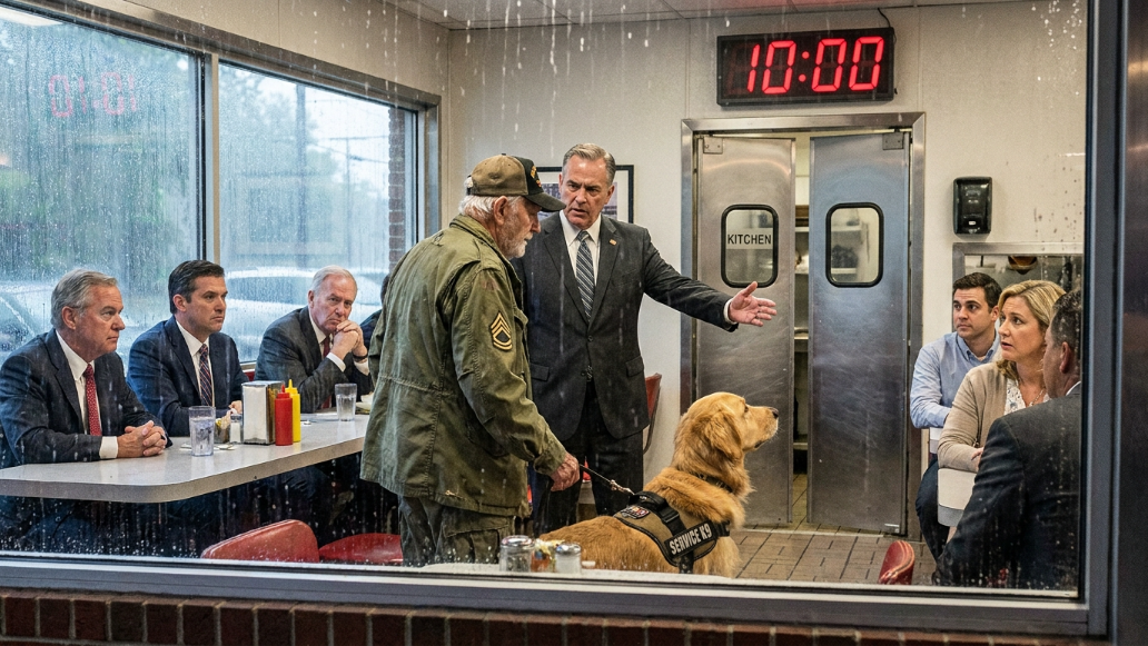 A Cruel Diner Manager Forced An Old Veteran And His Service K9 Out Into The Rain Because Wealthy Customers Complained… But When The Dog Suddenly Refused To Move And Stared At The Kitchen Door, The Whole Restaurant Realized They Had Ten Minutes Left.