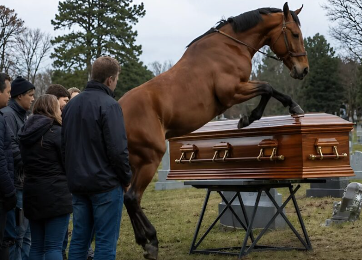During the funeral of a 60-year-old farmer, his loyal horse burst into the cemetery while several men tried to stop the crazed animal, and then began furiously striking the coffin lid with its hooves: everyone present froze in horror when the lid cracked open and they saw what was hidden inside