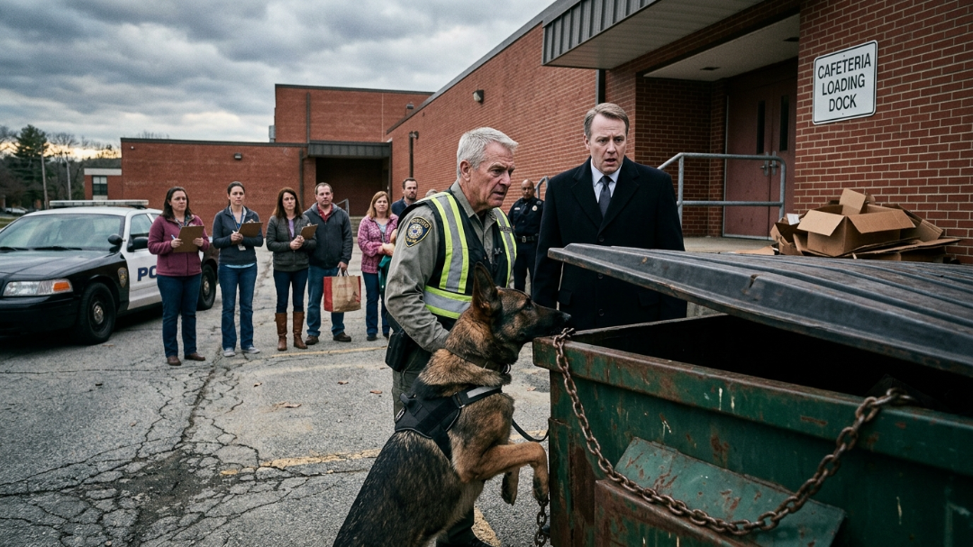Officer Davis knew Scout never lied. The old Border Collie was staring at the rusted industrial dumpster behind Oak Creek High School, the hair on his back standing straight up. It was the Friday afternoon before a four-day holiday weekend. The parking lot was mostly empty, save for a few lingering faculty cars and the slick black SUV belonging to Mayor Vance. The Mayor stood nearby with his son, Trent, a star athlete who wore a permanent, untouchable smirk. They were impatient. The town was looking for Leo, a quiet, vulnerable boy who had completely vanished right after final bell. Mayor Vance aggressively checked his expensive watch. “He’s a troubled kid, Officer. Probably just ran off to get attention. We’re wasting town resources staring at garbage. My son has a victory dinner to attend.” Trent chuckled softly, leaning against the brick wall. But Scout didn't move. He barked—a deep, frantic, terrifying sound—and began scratching wildly at the heavy metal. Three straight hours had passed since the dog first locked onto that spot. The sun was setting, turning the autumn air bitterly cold. Something wasn't right. Officer Davis stepped closer, narrowing his eyes. He noticed the heavy brass padlock securing the lid. School dumpsters were rarely padlocked with heavy-duty commercial steel. He looked at the Mayor, then at Trent. The teenager's smirk faltered just a fraction. “Cut it open,” Davis ordered the fire chief standing by. “This is ridiculous,” the Mayor scoffed, throwing his hands up. “You’re destroying municipal property over a stray cat.” The heavy bolt cutters snapped the lock with a sharp crack that echoed off the cold brick walls. Officer Davis grabbed the freezing metal handle and heaved the heavy lid backward. The smell of damp cardboard hit the air, but that wasn't what made the old veteran officer freeze in his tracks. Curled in the corner, shivering violently and barely conscious, was Leo. He was covered in dark bruises, his thin jacket torn, locked in the freezing pitch-black right before a four-day weekend. If Scout hadn't relentlessly held his ground, the boy wouldn't have survived until Tuesday morning. The small crowd of faculty gasped in horror. Mayor Vance’s face tightened in performative outrage. “Good Lord. Someone call an ambulance. What kind of monster would do such a cruel thing?” But Leo wasn't just shivering. His bruised, trembling hand was tightly clenched around a strange object. Slowly, the exhausted boy opened his fingers. A heavy object slipped from his palm and clattered onto the cold asphalt. It rolled directly to the Mayor's polished leather shoes. That tiny object landed on the floor like a match in dry grass. It was a custom, diamond-encrusted state championship ring. The exact, one-of-a-kind ring Mayor Vance had purchased for his son just weeks ago. The silence hit harder than any scream. Nobody was laughing anymore. The Mayor stared down at the dirt, his arrogance cracking like thin ice under a heavy boot. He slowly turned his head to look at his son. Trent was taking a slow, trembling step backward toward the alley exit, the blood draining completely from his face. The truth was sitting there in plain sight. Officer Davis slowly rested his hand on his heavy duty belt. “Nobody moves.” Read the full story in the comments. If you don’t see the new chapter, tap ‘All comments’