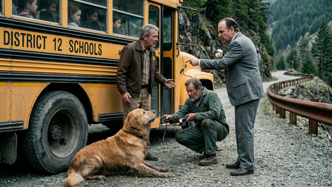 Arthur gripped the massive steering wheel of Bus 47, his knuckles turning bone-white. The heavy diesel engine rattled with a sickly, metallic grind that vibrated straight up his arms. Outside the folding glass doors, Principal Sterling slammed his heavy hand against the side of the bus. "Put it in drive, Arthur!" Sterling roared, his face turning a furious shade of red. "You are twenty minutes behind schedule! These kids have a field trip, and I am not paying overtime because you’re too scared to drive!" The morning air was freezing. The school parking lot was packed with parents dropping off their children. But Arthur wasn't moving. The route ahead was the treacherous Ridge Road—a steep, winding, seven-mile descent that skirted the very edge of a jagged mountain ravine. Arthur had begged for a different bus. He had filled out three separate safety reports. He knew this old machine was failing. But Sterling, a man who cared far more about protecting his transportation budget than human lives, had publicly mocked the sixty-year-old driver in front of the entire faculty just moments ago. "You drive what I tell you to drive," Sterling had sneered, kicking Arthur's clipboard across the pavement like trash. "Or you can clear out your locker today." Arthur swallowed his pride for the sake of his pension. His hands shook as he reached for the heavy gear shift. He had forty children sitting behind him. His heart pounded with a heavy, suffocating dread. Then, everything went sideways. A flash of thick golden fur darted across the cold asphalt. It was Cooper, Arthur’s loyal Golden Retriever, who usually waited patiently by the dispatcher’s booth. But today, the dog wasn't waiting. Cooper threw his seventy-pound body directly in front of the massive right front tire. Arthur slammed his foot on the brake pedal, panic seizing his chest. The pedal felt strange beneath his boot—spongy, weak, and entirely wrong—but the bus hadn't been moving yet. "Move that stupid animal!" Sterling commanded, storming to the front of the heavy vehicle. He raised his polished leather shoe and kicked hard against the heavy rubber tire, mere inches from the dog’s face. "Get him out of here before I call animal control to put him down!" But Cooper didn't flinch. The gentle dog let out a deep, terrifying snarl, a sound Arthur had never heard him make in eight years. The dog’s nose was pressed aggressively against the asphalt, sniffing frantically at a dark, slick puddle forming rapidly beneath the metal chassis. The crowd of parents stopped talking. Something wasn't right. The silence hit harder than any scream. Sterling grabbed the dog tightly by the collar, ready to violently yank him away from the tire. "Get your hands off him!" a gruff, booming voice echoed across the lot. Mack, the school district’s veteran head mechanic, marched through the crowd. He was a broad-shouldered man with a gray beard and hands permanently stained with motor oil. He didn't care about Sterling's authority. He didn't care about the schedule. Mack saw the Golden Retriever. He saw the puddle. He recognized the sweet, sharp chemical smell drifting into the cold morning air. The old mechanic dropped to his knees, ignoring the wet asphalt. He pulled a heavy metal flashlight from his belt and shined the bright beam deep into the dark undercarriage of the bus. The secret was already in the room. Nobody knew it yet. Mack’s flashlight beam caught the heavy rubber brake line. It wasn't worn down by time. It wasn't leaking from age or poor maintenance. The thick, steel-reinforced hose had been sliced cleanly with a sharp blade. Someone had intentionally destroyed the brakes on a bus scheduled to drive forty children down a steep mountain ravine. Mack’s face went dead pale. His confidence cracked like thin ice under a heavy boot. The truth moved through the cold air before anyone had the courage to name it. He slowly stood up, looking at the packed bus, then turned his furious, terrified eyes directly onto Principal Sterling. "Nobody moves," Mack whispered, his voice trembling with a dark, dangerous realization. Read the full story in the comments. If you don’t see the new chapter, tap ‘All comments’.