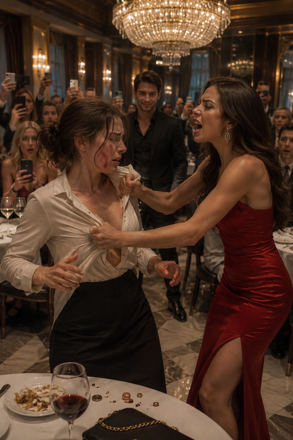 Sarah staggered back, her cheek burning. Before she could even steady herself, the woman in the tight red dress—Lena—grabbed the front of Sarah’s modest blouse and ripped it open. Buttons scattered across the polished floor.
