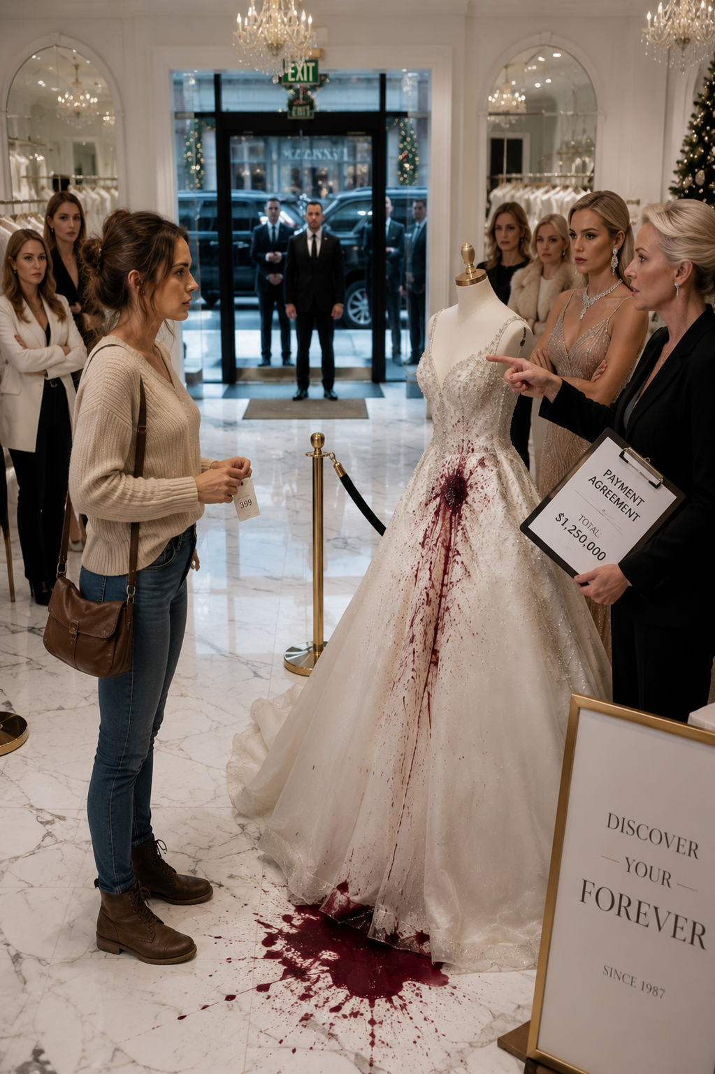 I Was Forced to Kneel Beside a Wine-Stained Bridal Gown… Until Black SUVs Stopped Outside the Glass Doors
