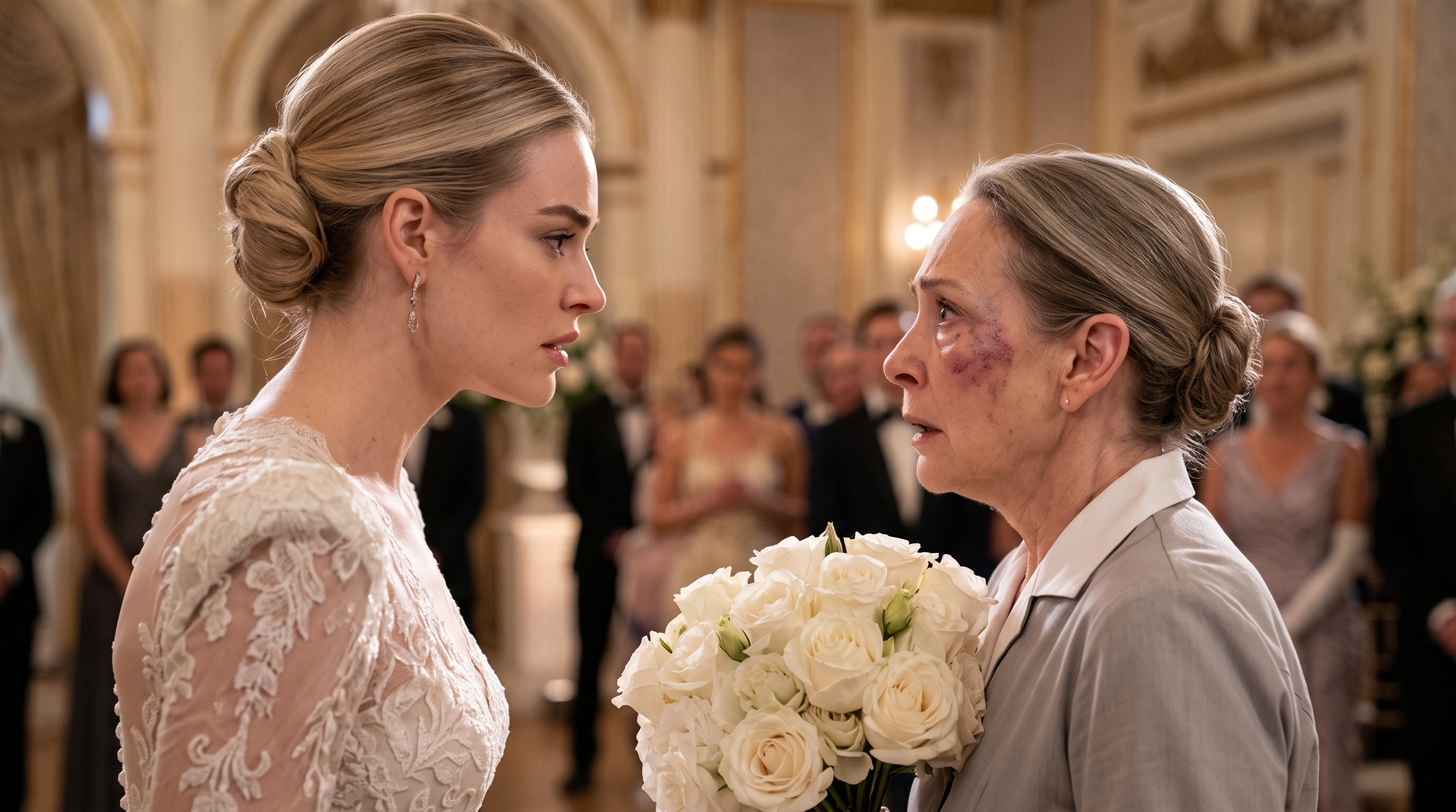 Diane Carter carried a heavy tower of wedding flowers through the ballroom, trying to hide the bruise on her cheek and the tears in her eyes.
