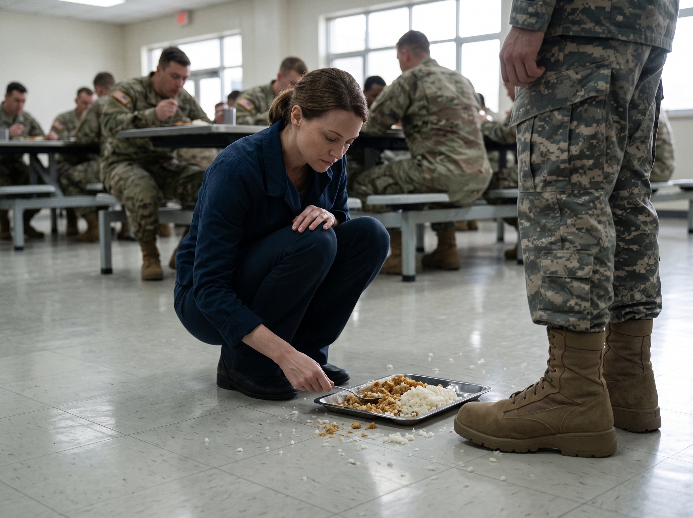 The tray hit the mess hall floor so hard every soldier in the room stopped chewing.