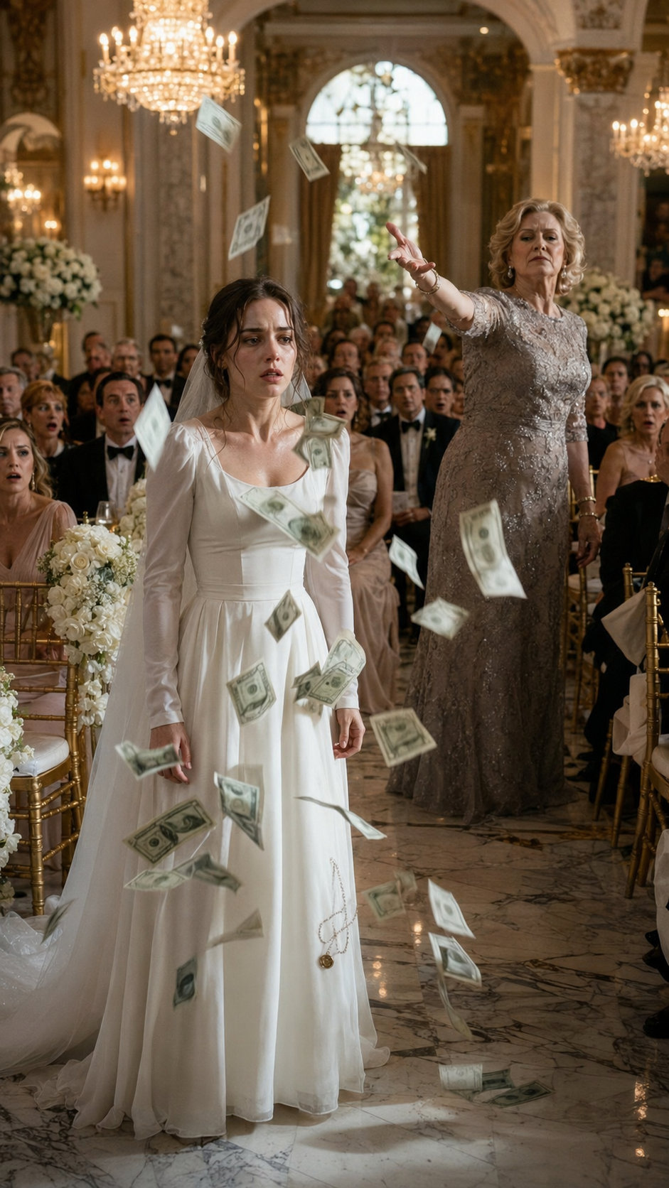 The mother-in-law threw money at the poor bride… but when her necklace fell out, the groom’s father realized she was his long-lost daughter.