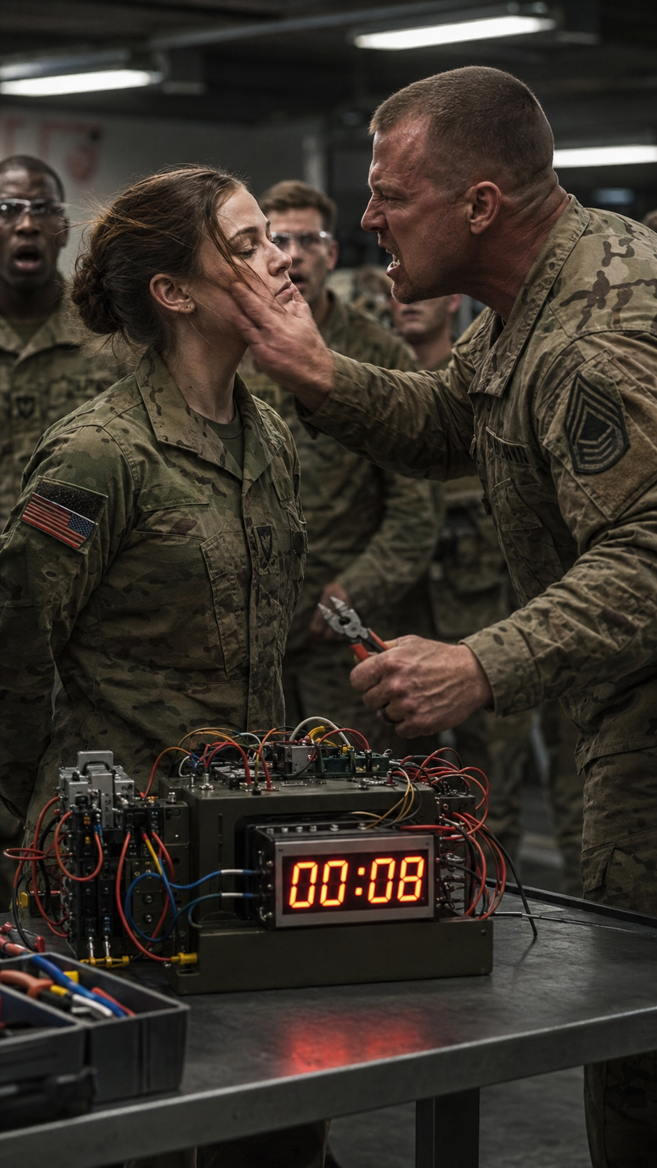 He slapped the female soldier for cutting the wrong wire… then the countdown clock suddenly stopped.