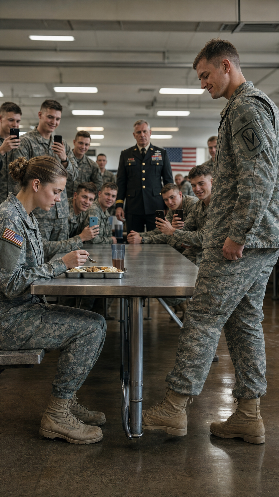 “They thought she was just a female soldier sitting at the wrong table… until the entire military mess hall went silent.”